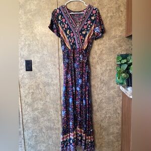 Zesica True Wrap Short Sleeve Maxi Dress Colorful Beautiful Boho Prairie M
